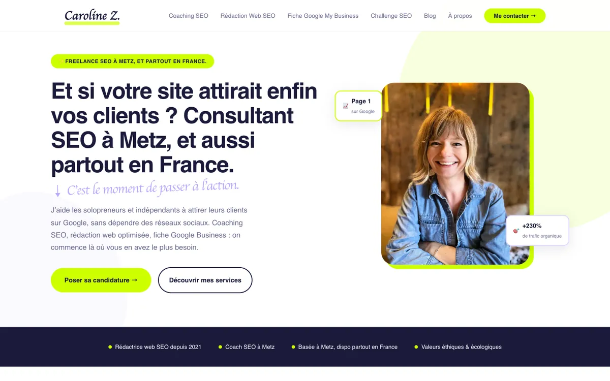 Page d'accueil du site de Caroline Zdun, coach SEO à Metz
